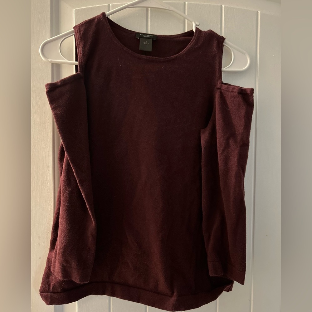 Ann Taylor Maroon Cold Shoulder Blouse
